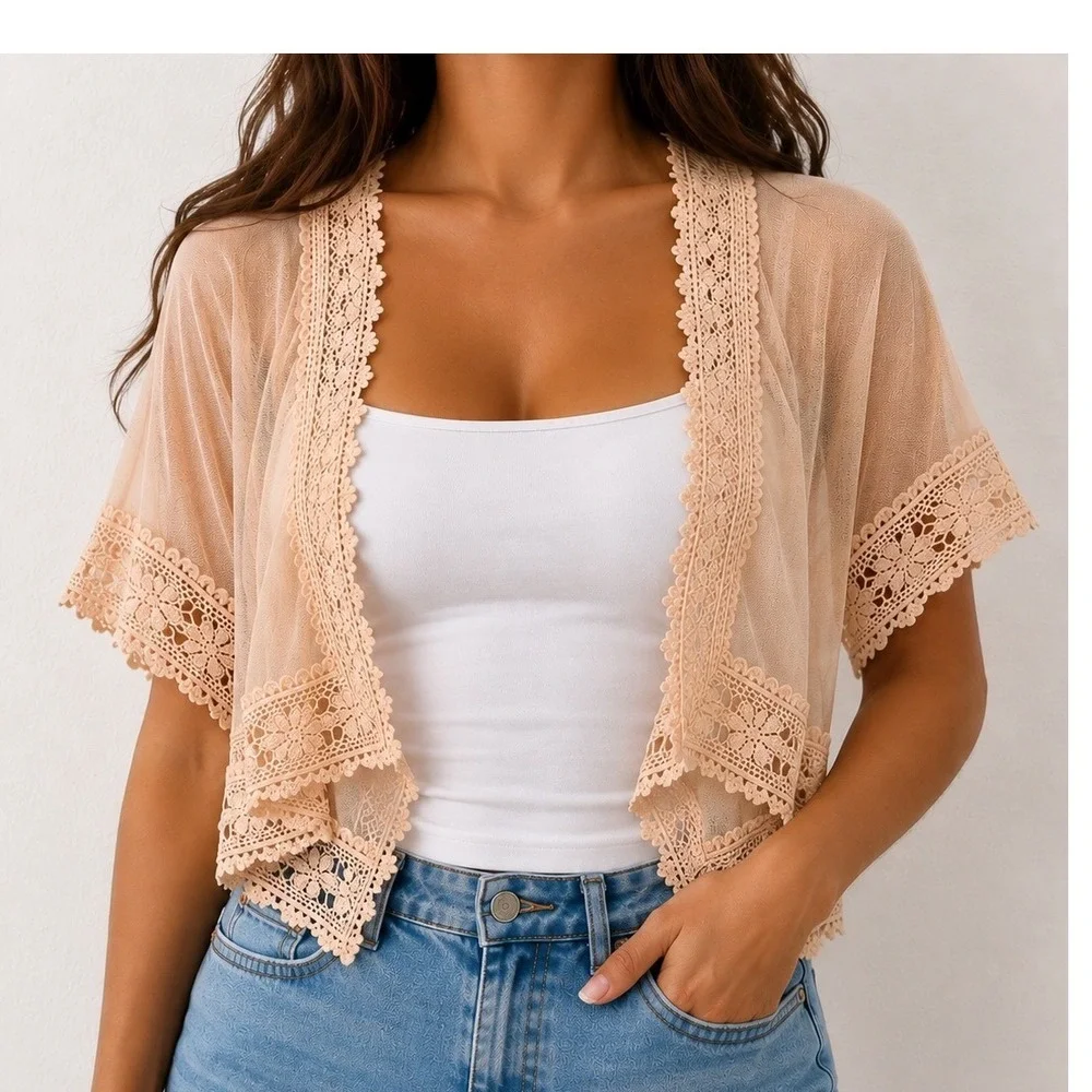Boutique Forever 21 Peach Mesh Crochet Lace Trim Shrug Bolero Short Sleeve Small